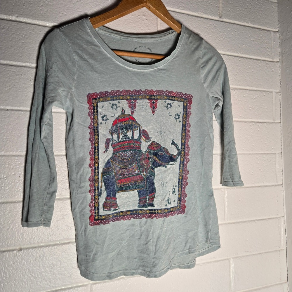 Lucky Brand Womens Graphic Tee Green XS Elephant Top Boho Hindu Hippie Artsy